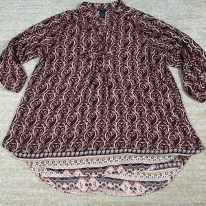 Rue+ 1X Womens Paisley Tunic Blouse Long Sleeve High Low Hem Burgundy